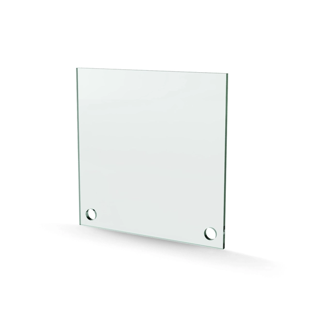 Herdet glass med hull, 4mm, flat 150x150, 2hull, 15/15, 11mm hull 